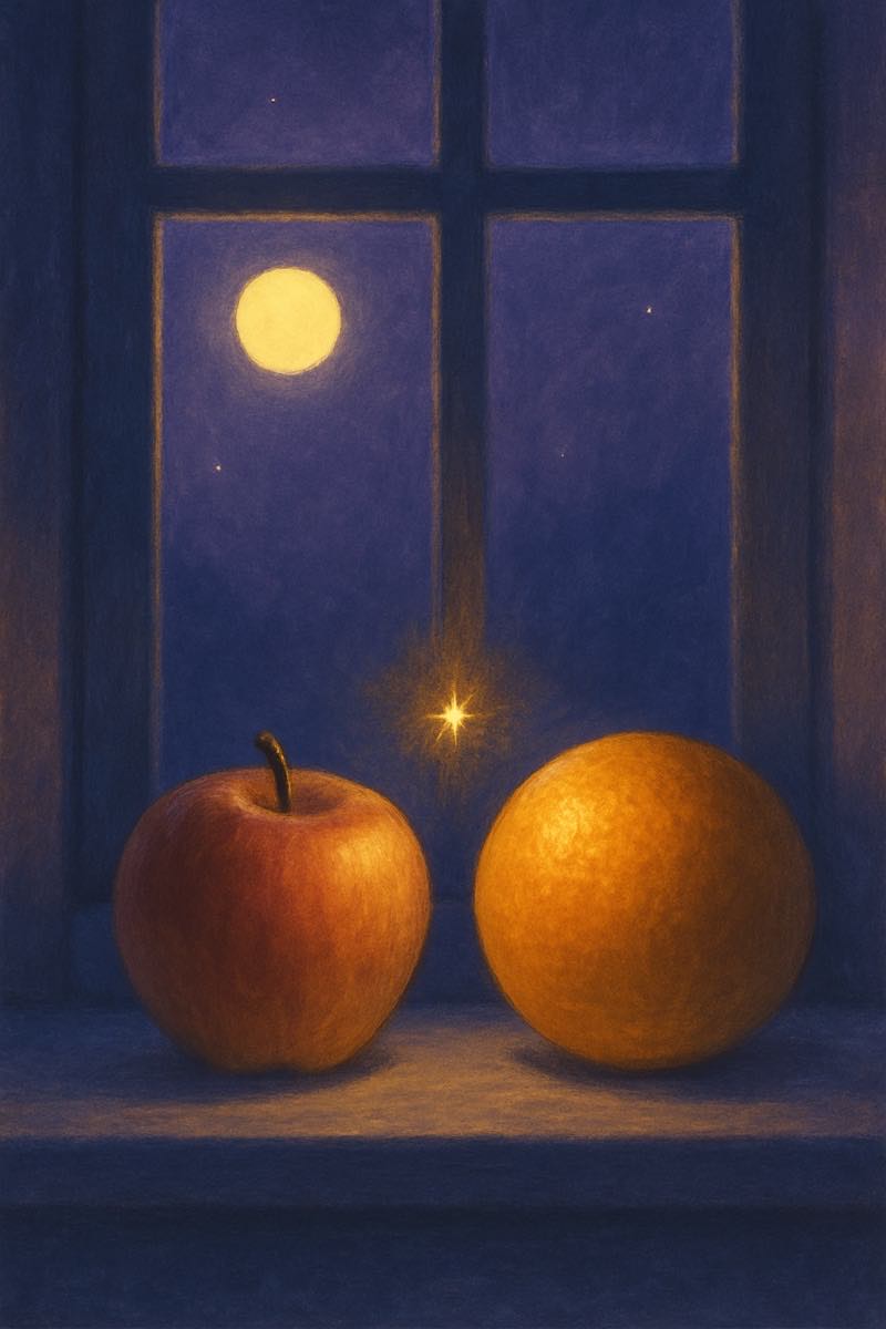 A painting of apples and oranges, from its spell card.