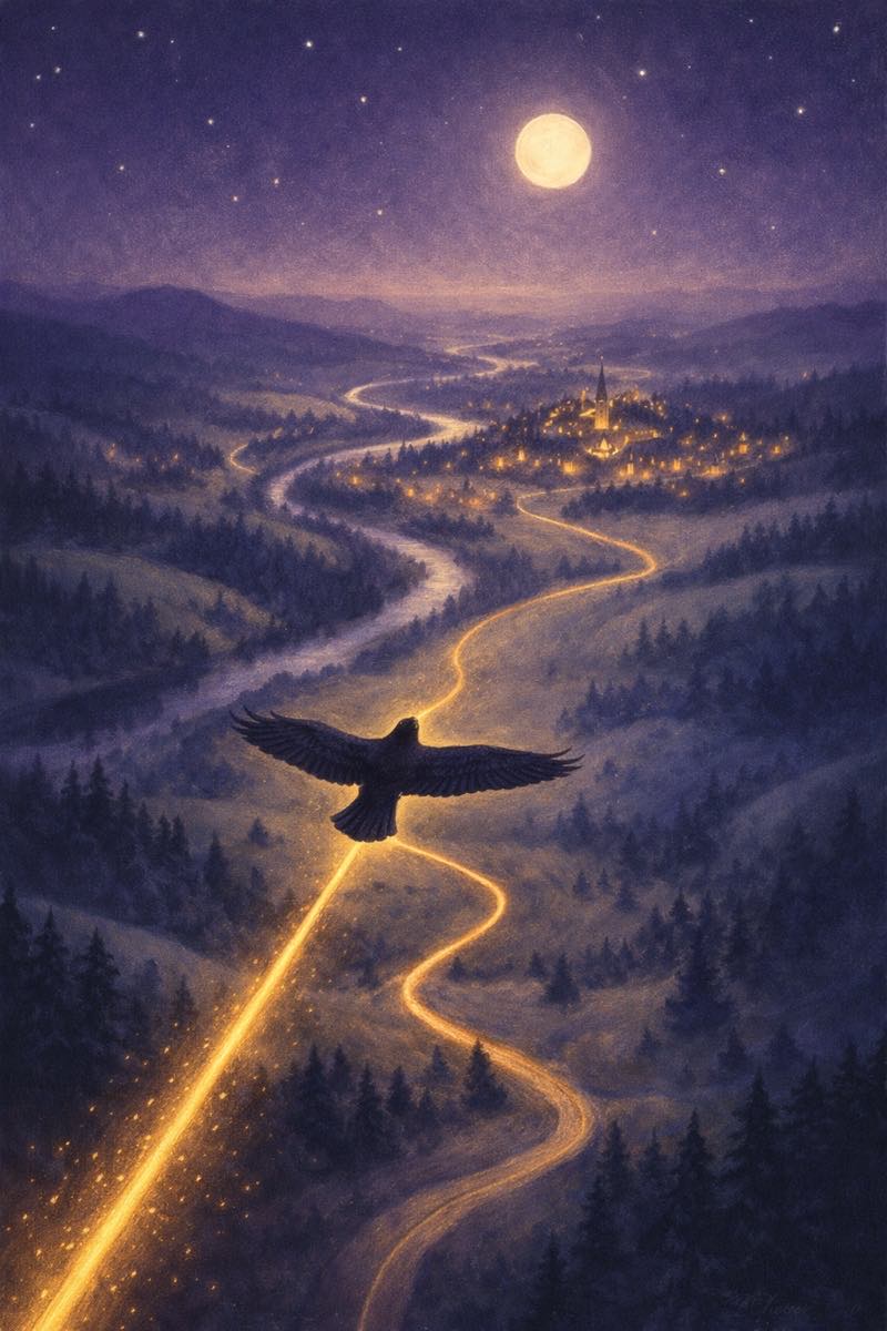 A painting of as the crow flies, from its spell card.