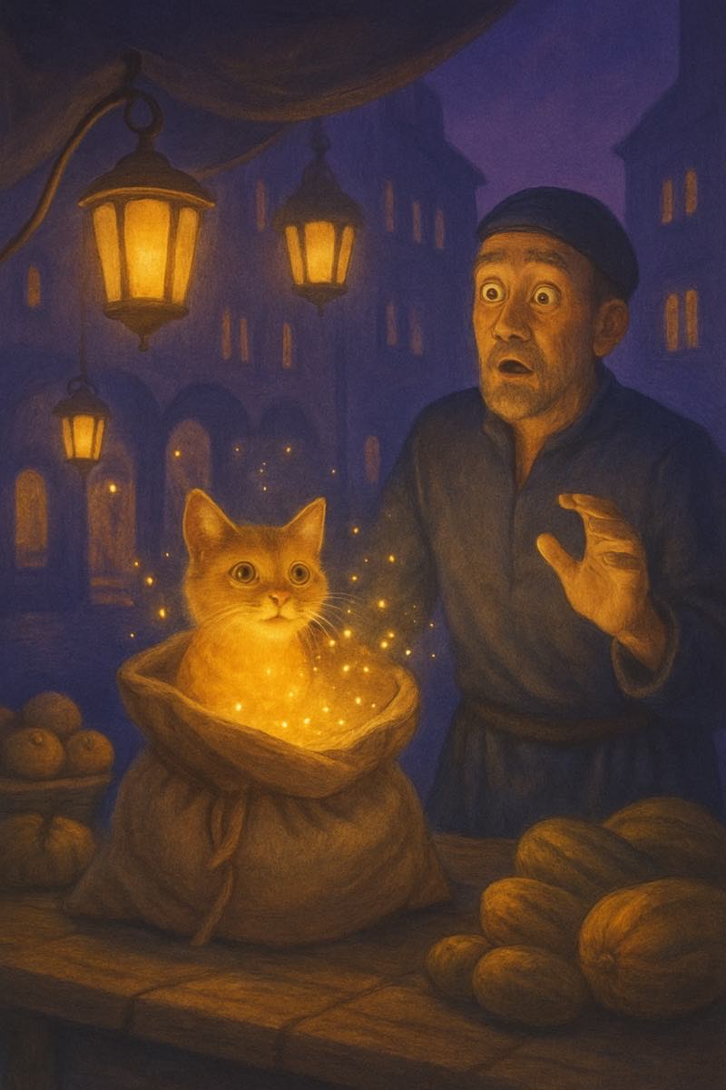 A painting of let the cat out of the bag, from its spell card.