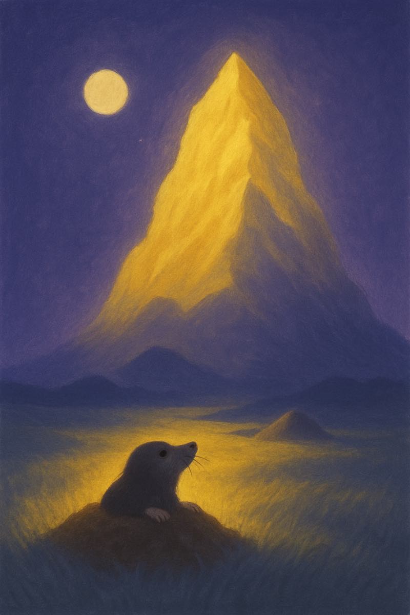 A painting of make a mountain out of a molehill, from its spell card.