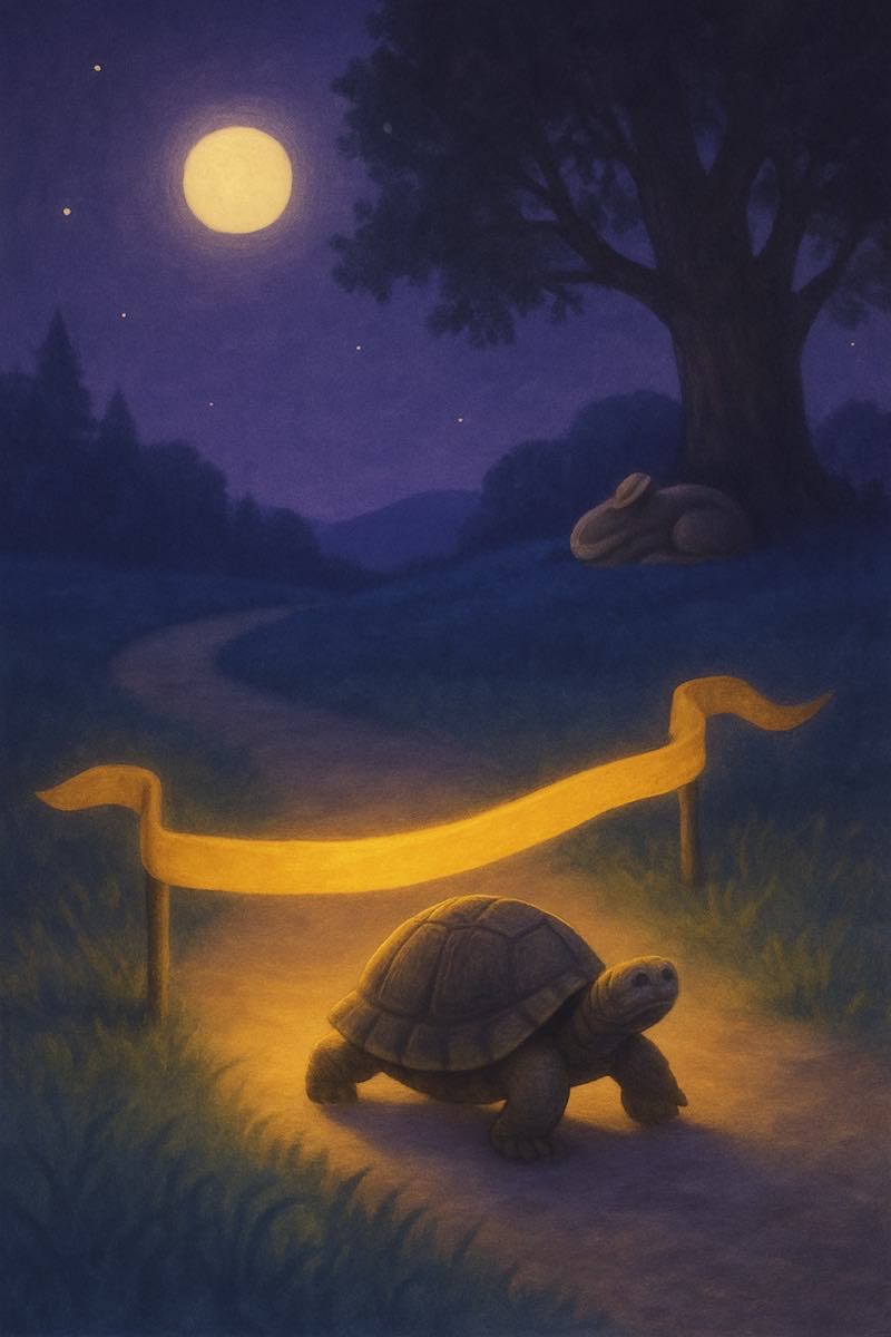 A painting of slow and steady wins the race, from its spell card.