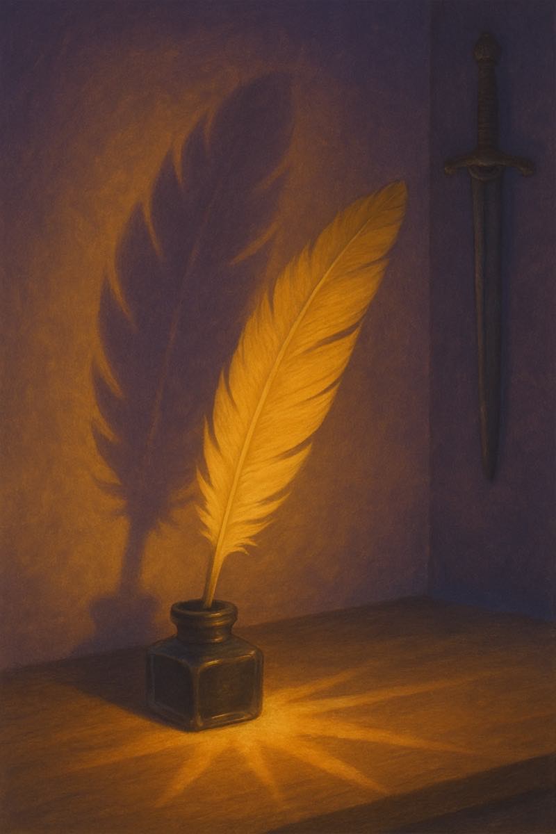A painting of the pen is mightier than the sword, from its spell card.