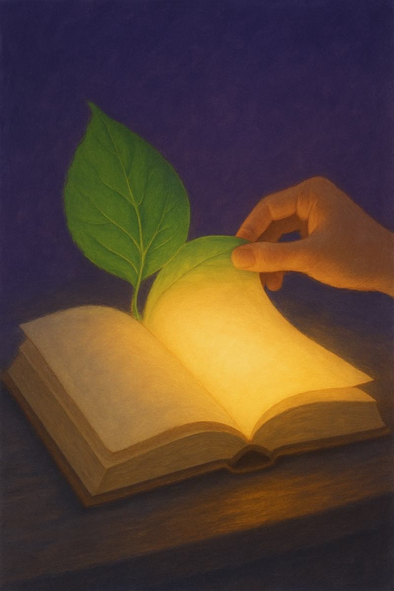 A painting of turn over a new leaf, from its spell card.